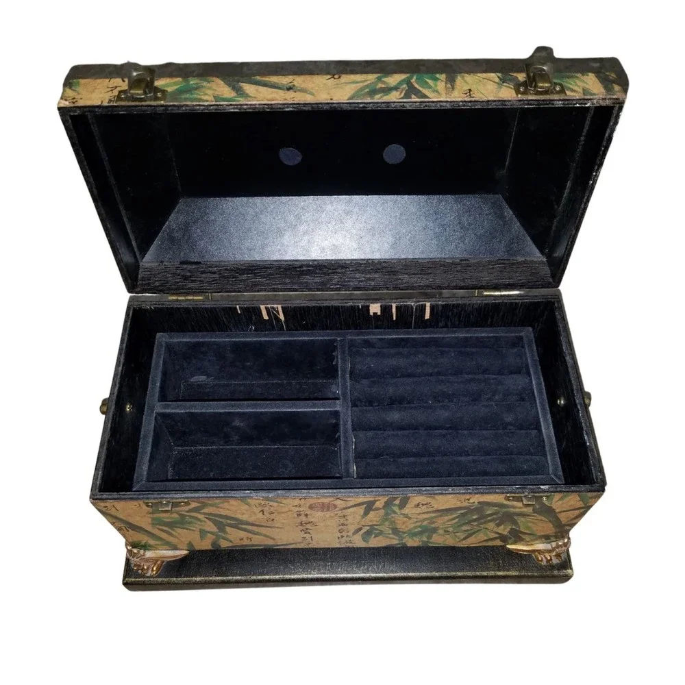 Vintage Wooden Jewelry Box with Asian Bamboo Detail Design Claw Feet on Base